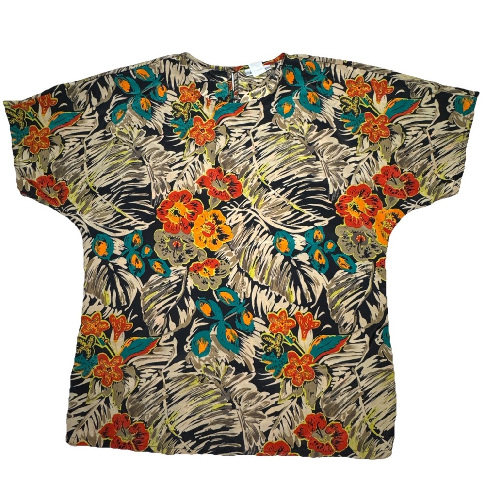 Nicola Vintage Tropical Floral Palm Print Blouse Short Sleeve Black Orange